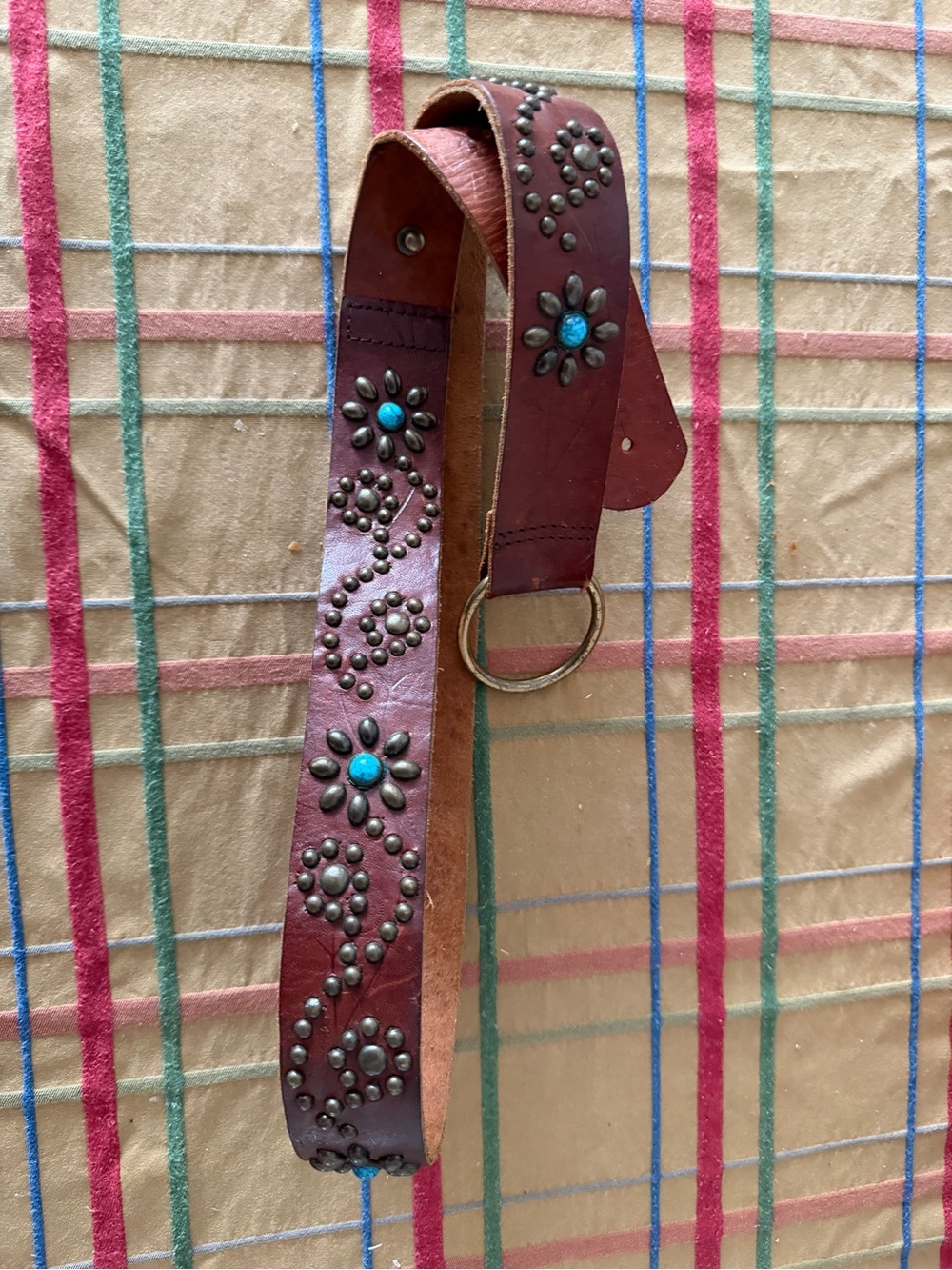 Women's Studded Leather Belt with Turquoise Accents - Brown